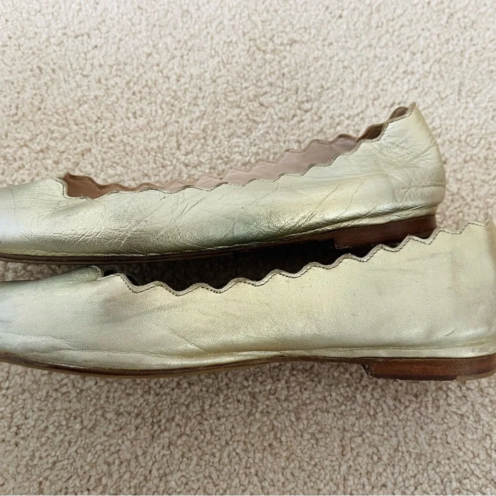 CHLOE LAUREN GOLD LEATHER BALLET 34 4 GIRLS HOLIDAY FLATS SCALLOPED EDGE SLIP IN